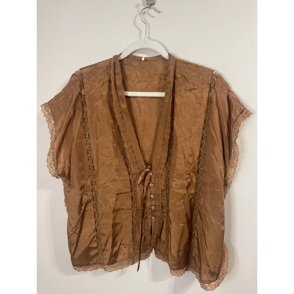 Free People Lace Trim Satin Tie Front Blouse Bronze Brown NWT